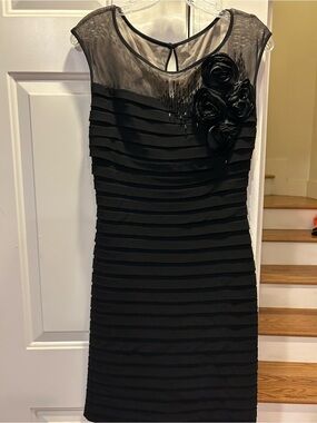 Vintage Adrianna Papell Mesh Beaded Rosette Shutter Pleat Sheath Dress size 6